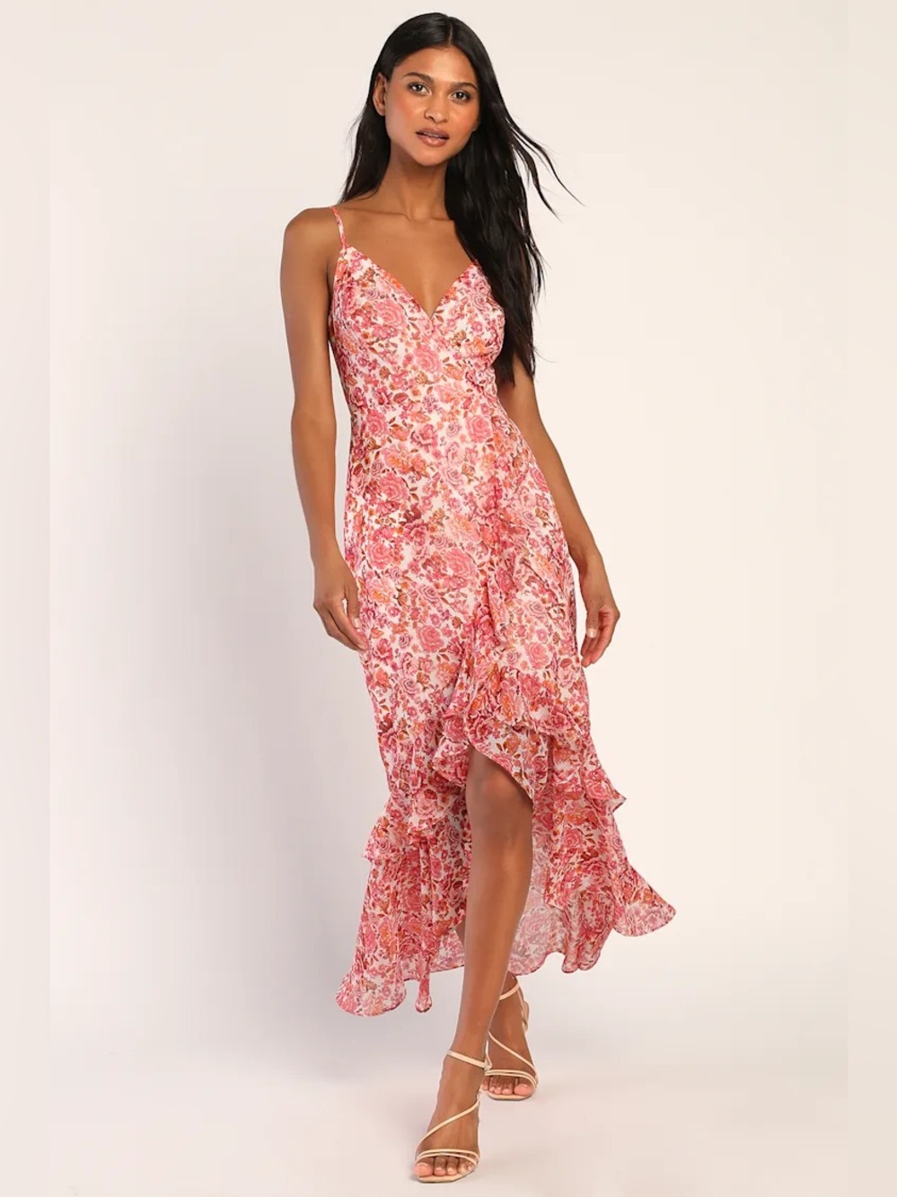 Lulus Always Enchanting Pink Floral Metallic Ruffled High-Low Dress Size XS NWT
